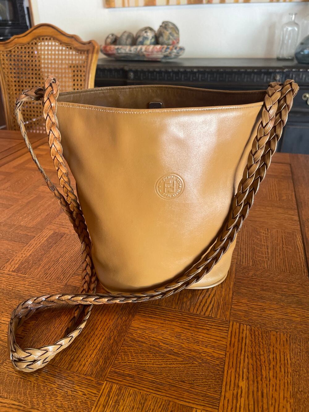 Vintage FENDI Selleria Tan Leather Braided Strap Bucket Bag